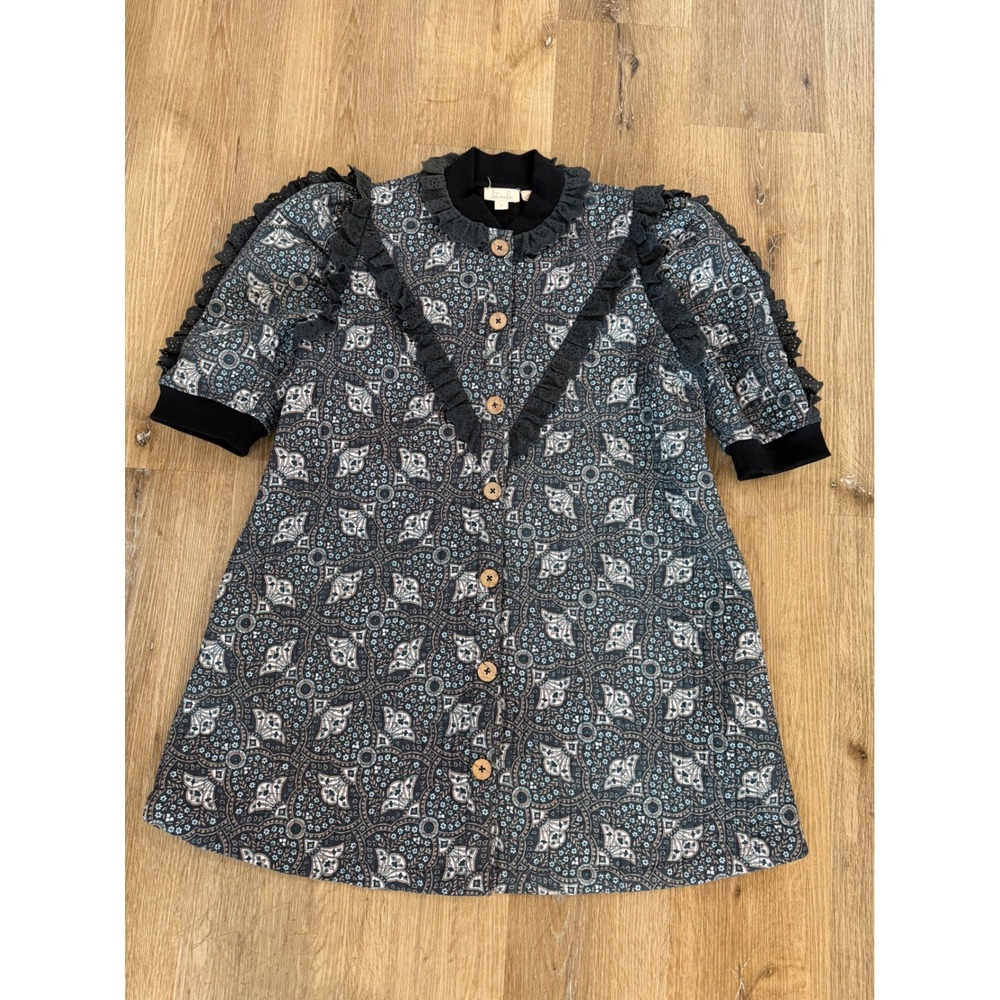 Let Me Be Mini Dress Womens M Blue Quilted Cotton Boho Lace Ruffle Button Up